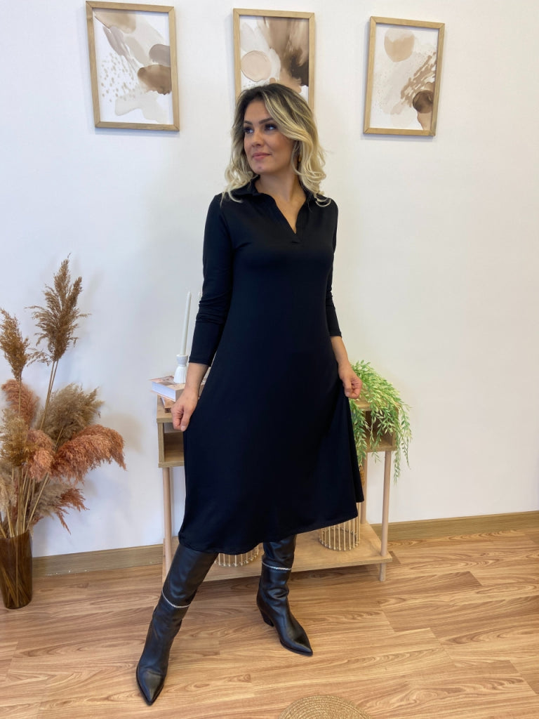 Rochie damă, tip camizolă midi, cu mâneci lungi, guler, viscoză, fire duble, 28777