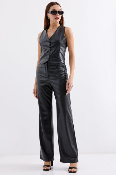 6799 Short Faux Leather Vest - Black