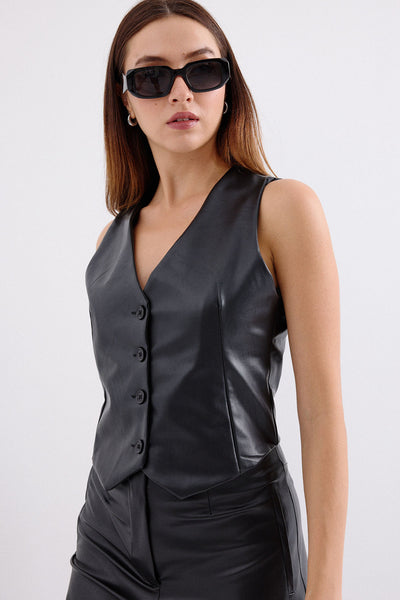 6799 Short Faux Leather Vest - Black