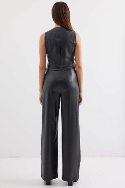 6799 Short Faux Leather Vest - Black