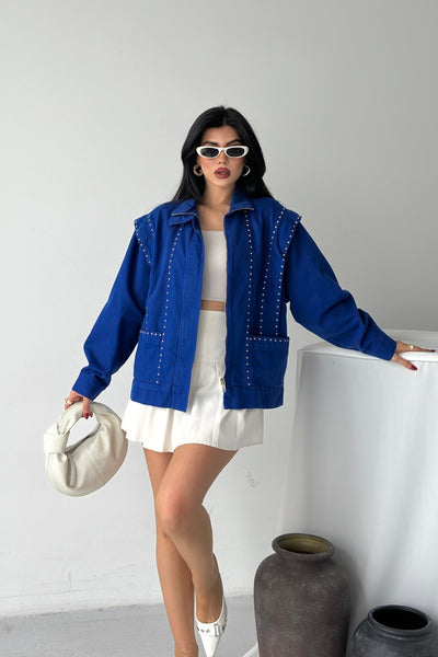 Jachetă Denim Detaliu cu Fermoar 6253