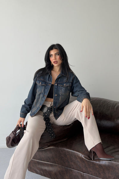 Jachetă Denim cu Guler Clasic, Buzunare și Butoane 6081