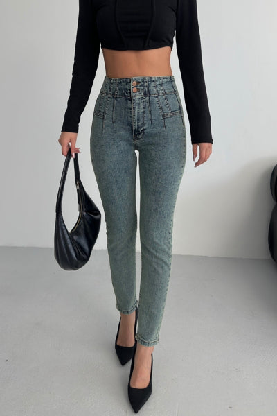 Pantalon Denim Skinny cu Pliseu 7053