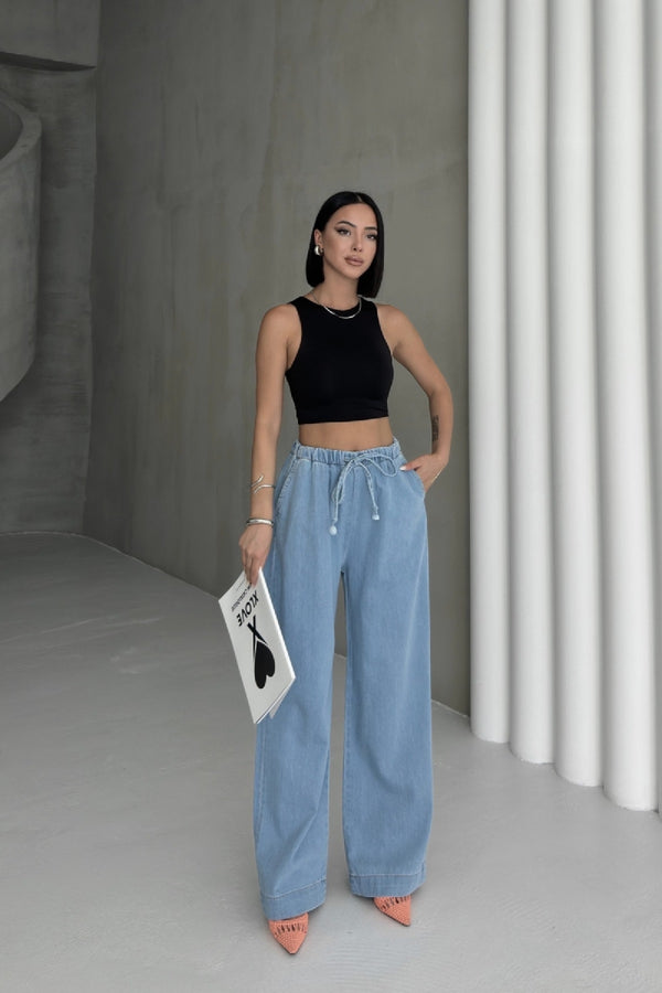 Pantaloni Palazzo cu talie elastică 7076