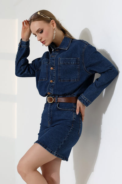 Rochie mini din denim cu nasturi 3027
