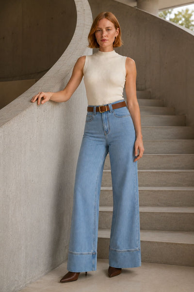 Pantaloni palazzo din denim, cu detaliu la tiv, 7164