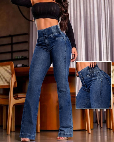 Pantaloni de dama din denim cu talie inalta, elastic pe laterale si nasturi in fata, 31783