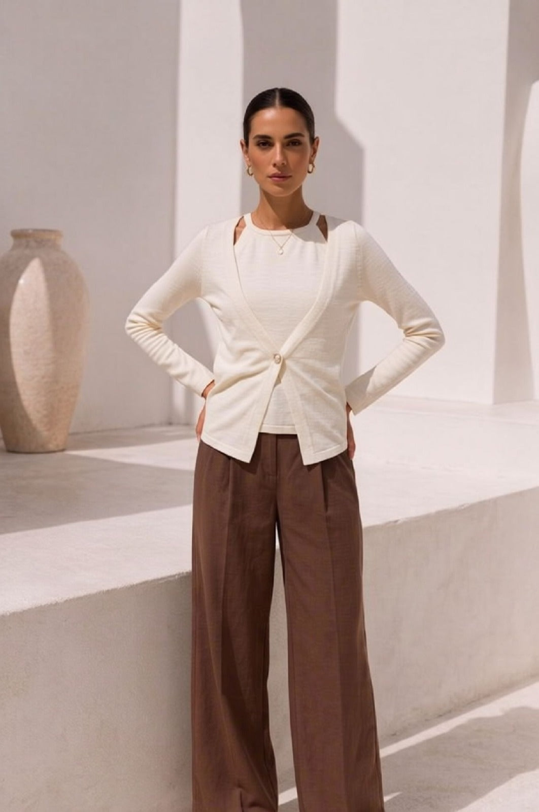 Eleganță fără efort, design combinat, cardigan tricotat, textură moale, dintr-o singură piesă, cu aspect de două articole - Os