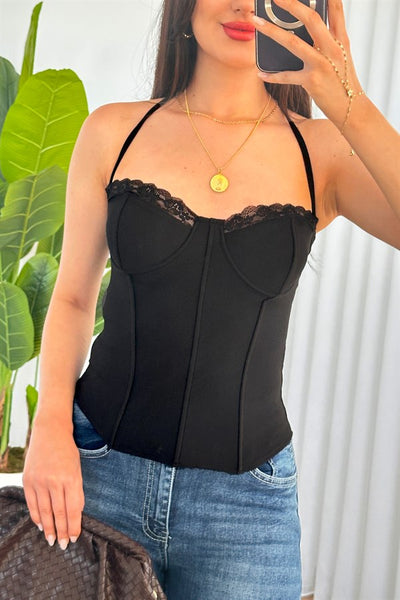 Bustier Negru Balenă cu Legătură la Gât fără Bretele Marfă Gros