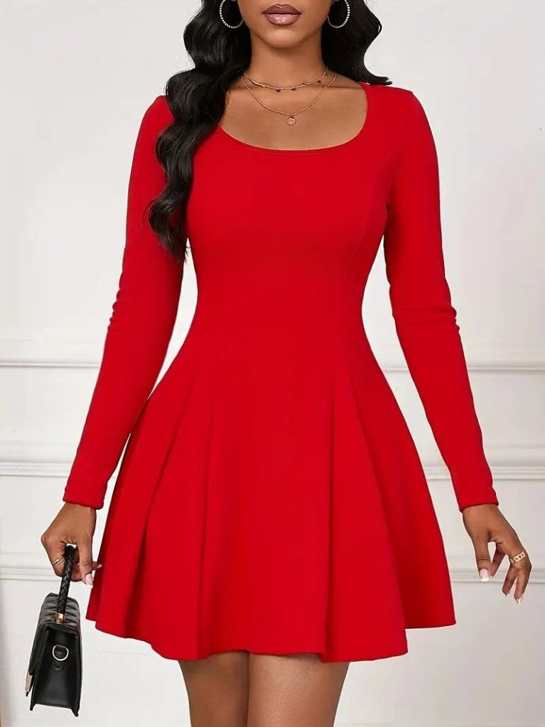 Rochie mini de damă, importată, din crep, cu mâneci lungi și decolteu pătrat, 27648