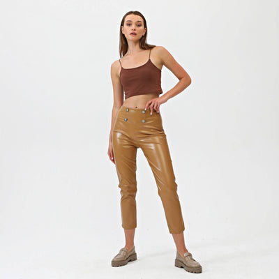 BUTTONED LEATHER PANTS WITH SIDE ZIPPER - Tan