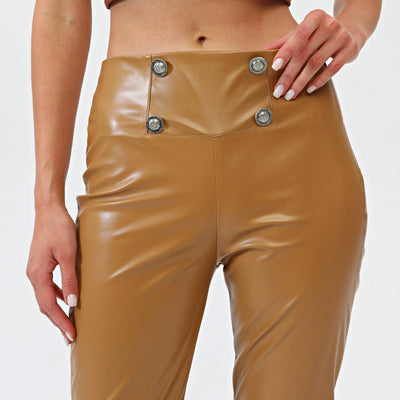 BUTTONED LEATHER PANTS WITH SIDE ZIPPER - Tan