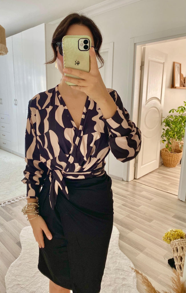 Rochie de damă cu mânecă lungă, cu decolteu petrecut, imprimeu digital, detaliu fundiță și țesătură satinată, 27941