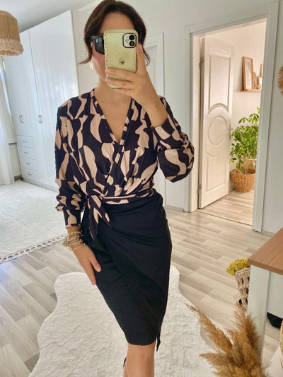 Rochie de damă cu mânecă lungă, cu decolteu petrecut, imprimeu digital, detaliu fundiță și țesătură satinată, 27941
