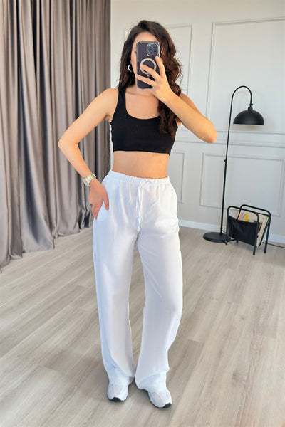 Pantaloni de Gros din In Albi cu Legătură la Talie