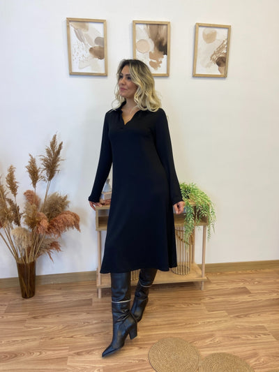 Rochie damă, tip camizolă midi, cu mâneci lungi, guler, viscoză, fire duble, 28777