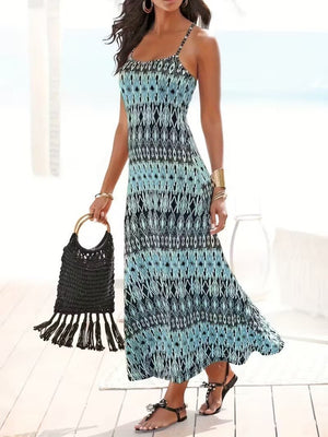 Rochie lungă Supreme cu imprimeu, decolteu în V și bretele pentru femei, 31504