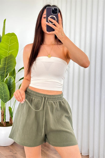 Pantalon Scurt Muselină cu Buzunare Kaki Marfă Model Scurt
