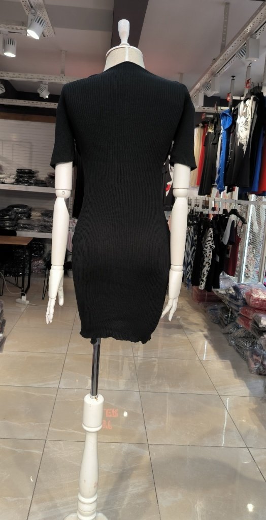 Kadın Kısa Kollu Düğmeli Cep Detay V Yaka Triko Elbise, 32158