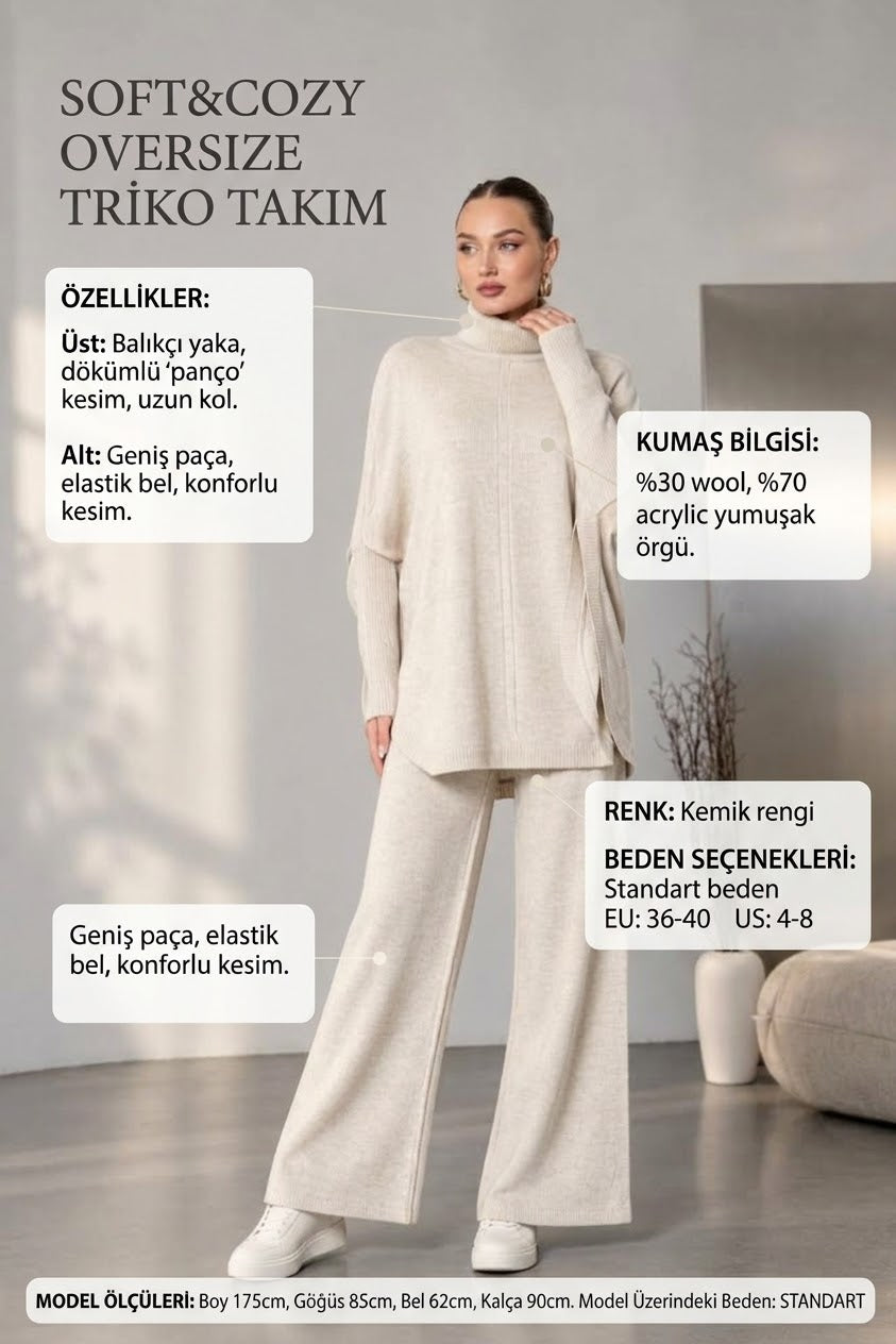 Soft&amp;Cozy Oversize Triko Takım - Kemik