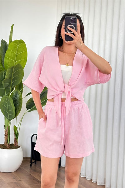 Pantalon Scurt Muselină cu Buzunare Roz Marfă Model Scurt