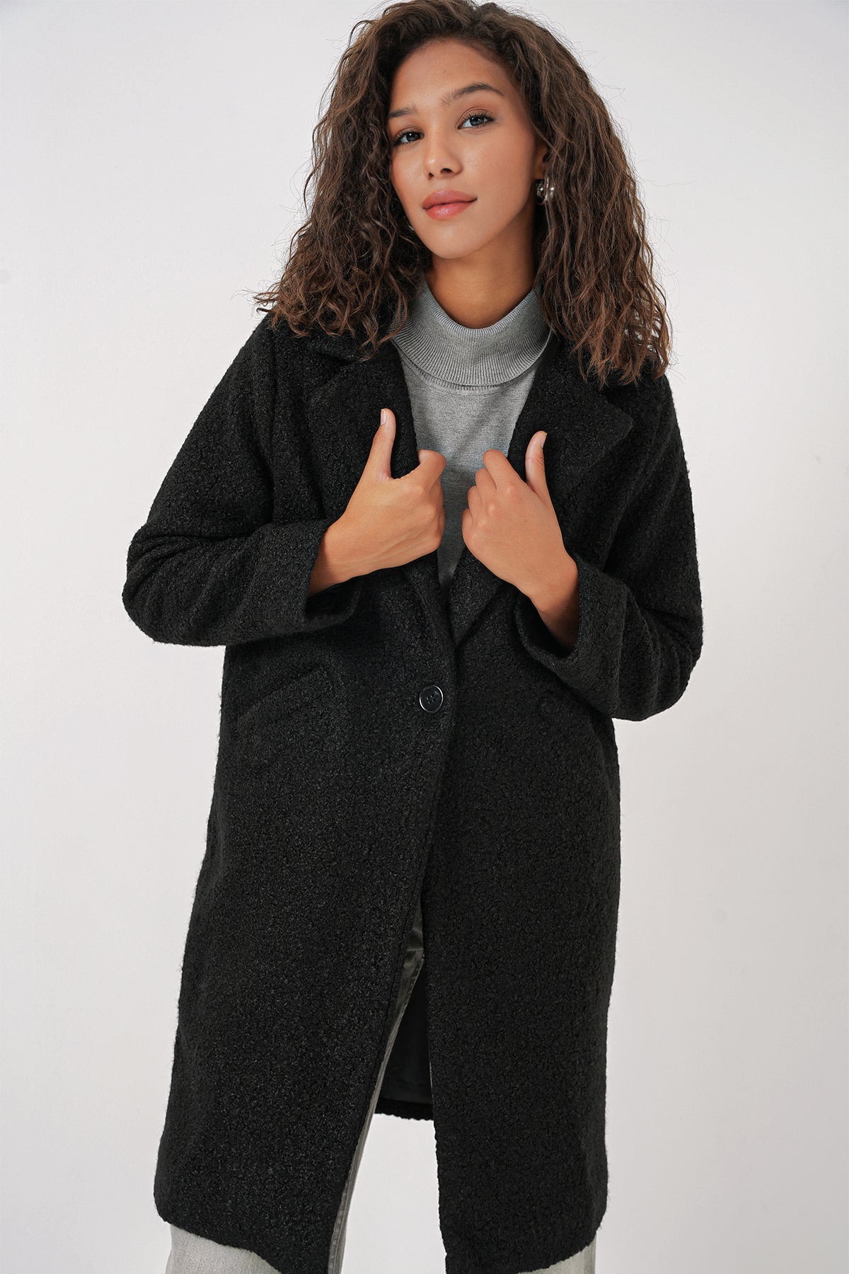 9082 Oversize Kaşe Kaban - Siyah