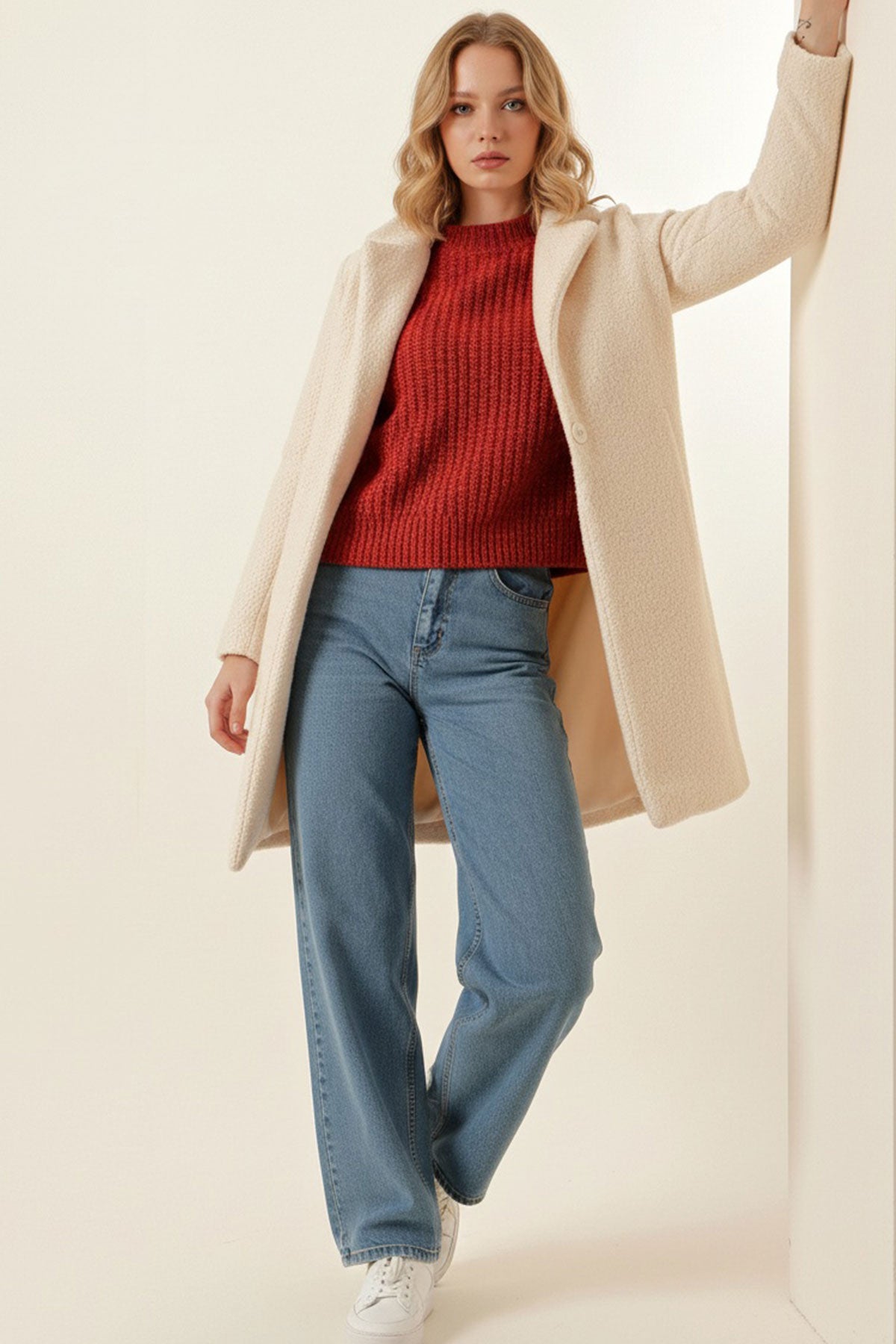 9085 Palton Groasă Oversize Femeie - Crem Mediu
