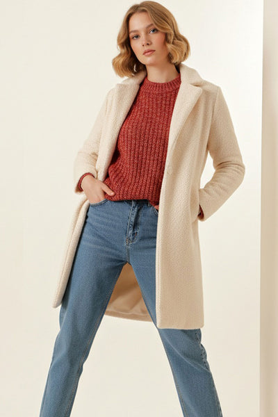 9085 Palton Groasă Oversize Femeie - Crem Mediu
