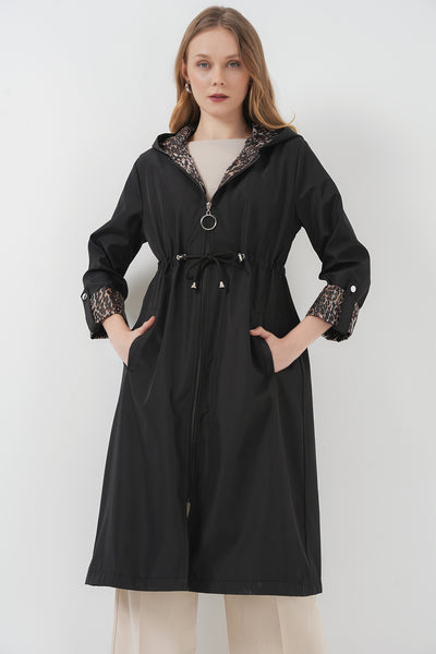 9091 Trench Căptușit cu Glugă cu Șnur Beli - Negru Simplu