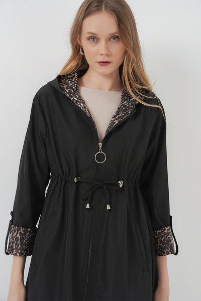 9091 Trench Căptușit cu Glugă cu Șnur Beli - Negru Simplu