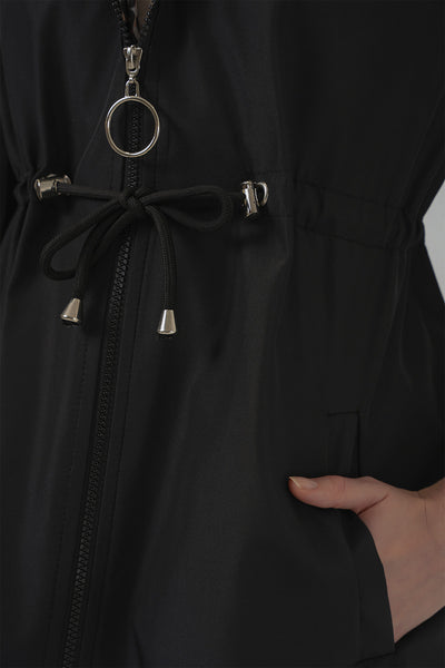 9091 Trench Căptușit cu Glugă cu Șnur Beli - Negru Simplu