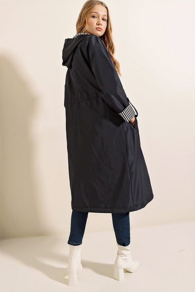 9091 Trench-coat cu glugă și șnur, culoare bleumarin