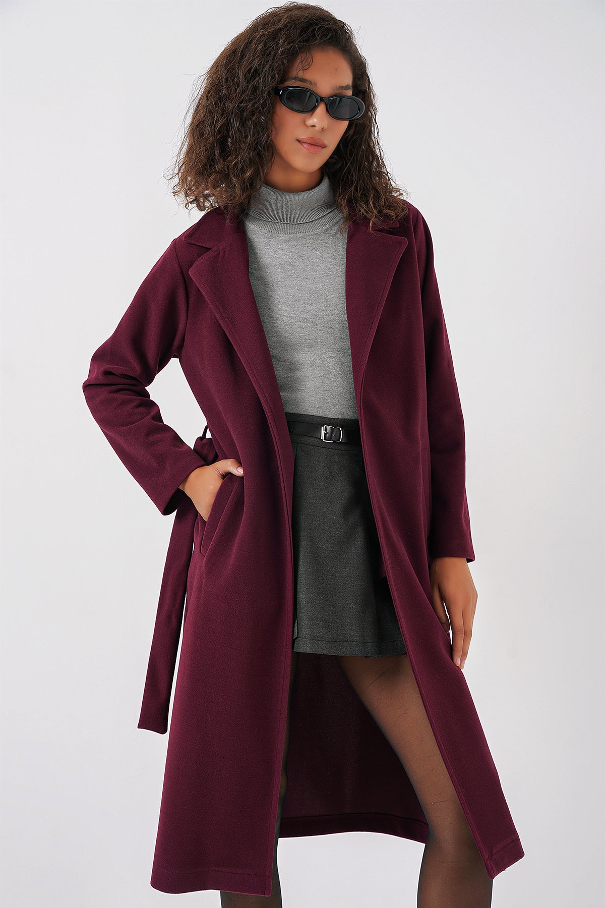9118 Kruvaze Yaka Kaşe Kaban - Bordo