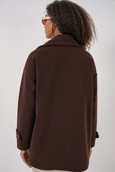 9143 Kadın Kruvaze Yaka Kaşe Kaban - Kahverengi