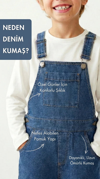 Kız ve Erkek Çocuk Denim Salopet | 3–9 Yaş | Mavi, Lacivert | %100 Pamuk | RG Brand | RG1737 - MAVİ