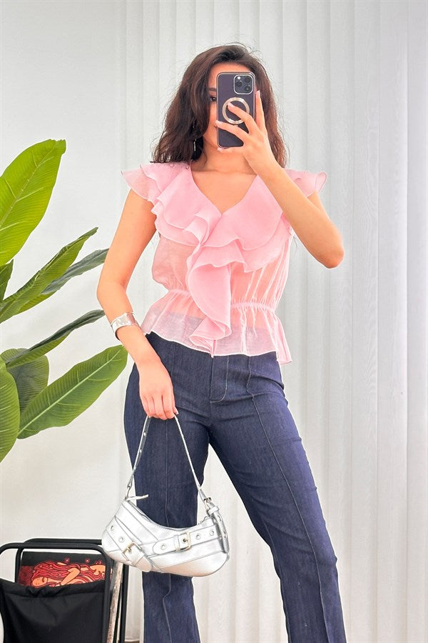 Bluza de Toptan Roz cu Talie Elastic și Franje