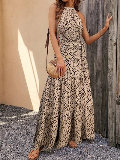Kadın Kolsuz Halter Yaka Beli Lastiklileopar Desenli Mikro Elbise, 35524