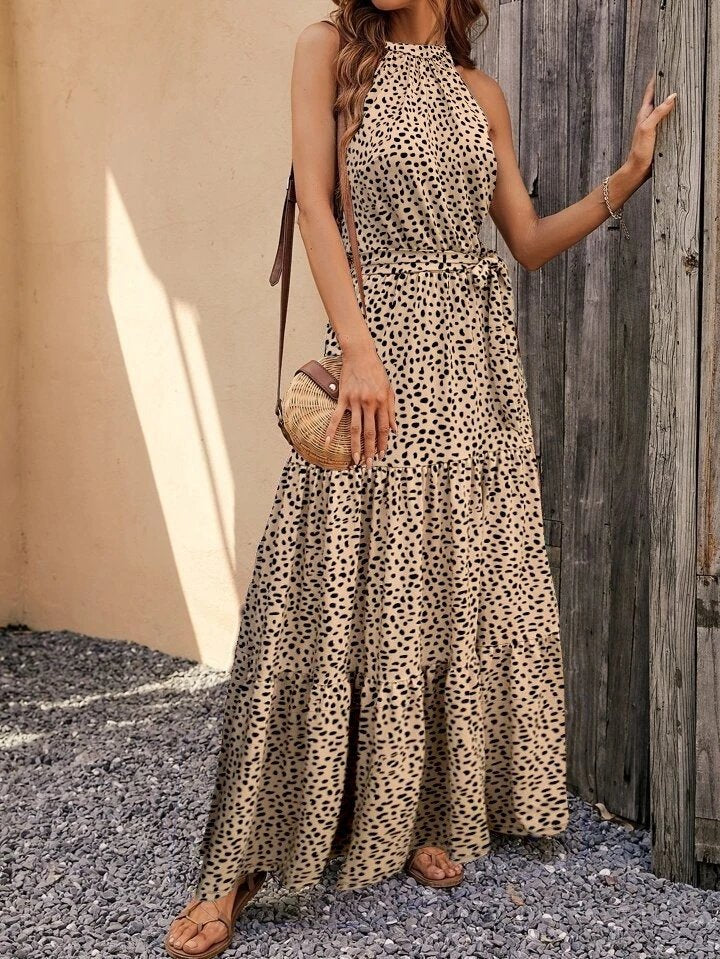 Kadın Kolsuz Halter Yaka Beli Lastiklileopar Desenli Mikro Elbise, 35524