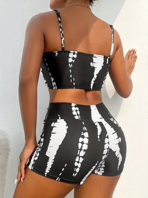 Set de două piese pentru femei, colanți mini crop cu detalii încrețite și bretele, 25682