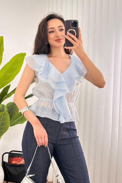 Bluza de Toptan Albastru Bebe cu Talie Elastic și Franje