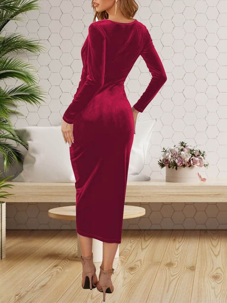 Rochie din velur midi cu guler încrucișat, mâneci lungi și fronseu la talie, pentru femei, 27721