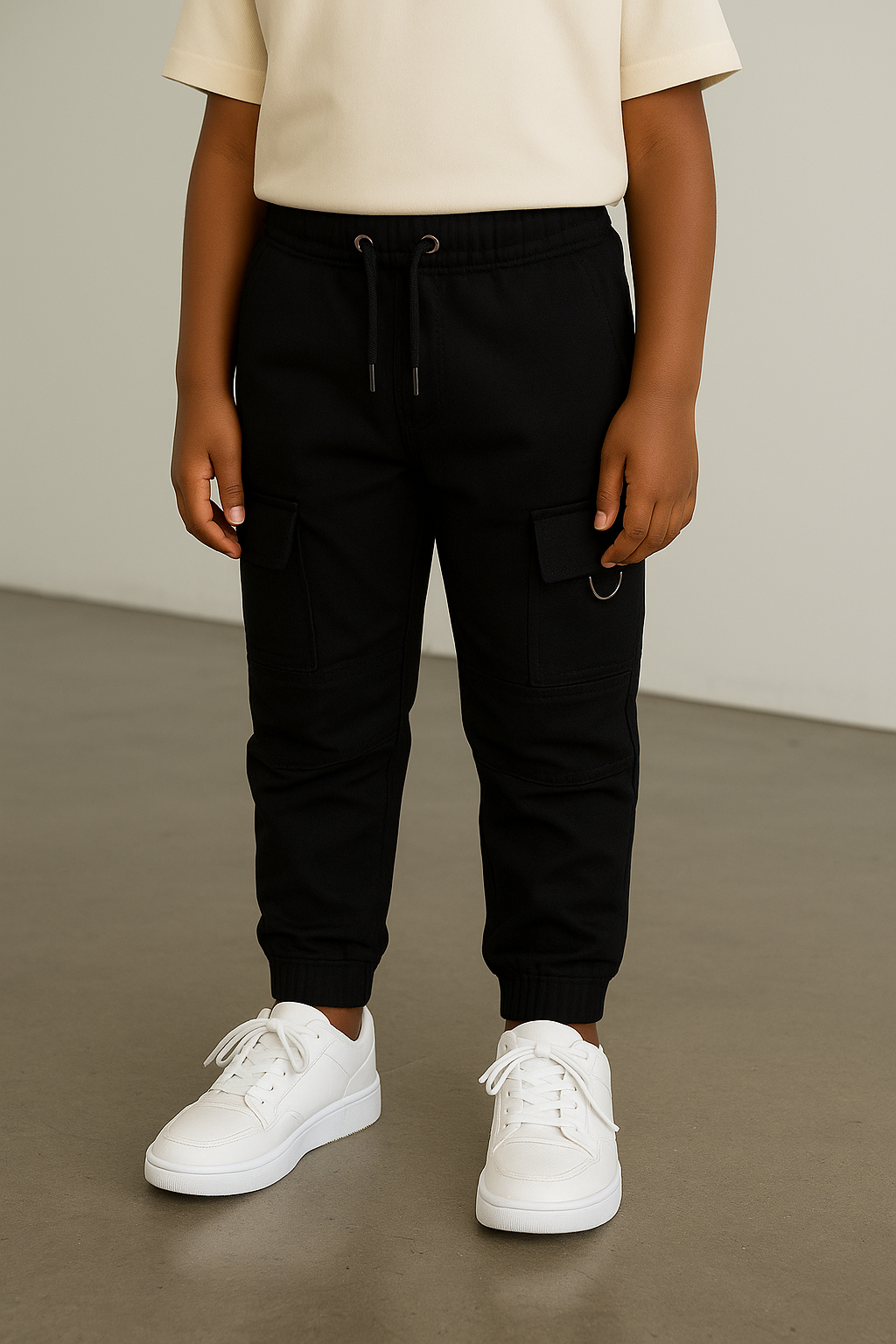 Çocuk Kargo Cepli Bağcık Detaylı Basic Pantolon | 3–9 Yaş | RG Brand | RG1341 - SİYAH