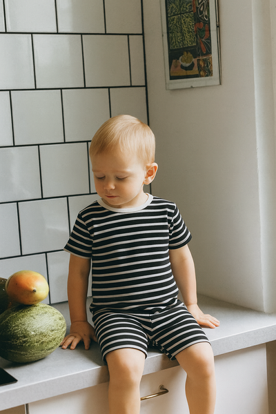 Unisex Bebek Çizgili Tişört ve Şort Takımı | 0–24 Ay | RG Brand | RG333 - SİYAH