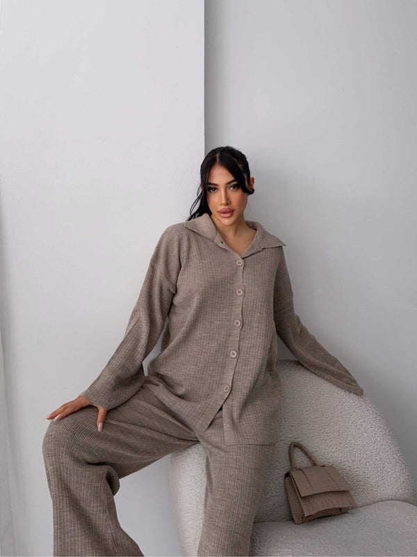Çizgili Gündelik Zarif Tesettür Takım 1554 - Vizon
