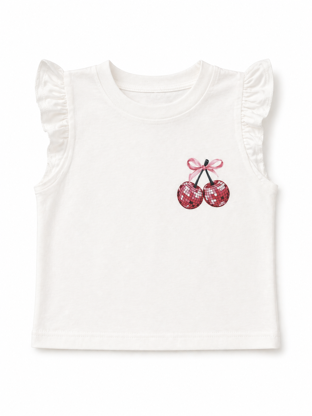 Kız Çocuk Crop Tişört | Kiraz Baskılı, Fırfır Kollu | %100 Pamuk | 3–9 Yaş | RG Brand | RG1755 - BEYAZ