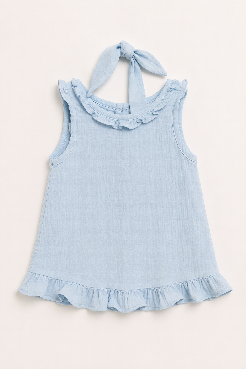 Rochie de muselină pentru fete | Guler și fustă cu volane | Deasupra genunchiului | 3–9 ani | Dungi, roz, albastru | Marca RG | RG1762 - ALBASTRU