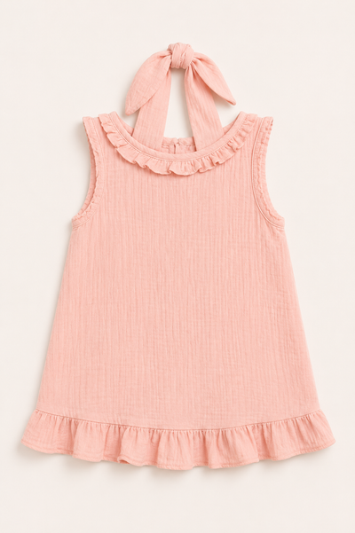 Kız Çocuk Müslin Elbise | Fırfırlı Yaka & Etek | Diz Üstü | 3–9 Yaş | Çizgili, Pembe, Mavi | RG Brand | RG1762 - MAVİ
