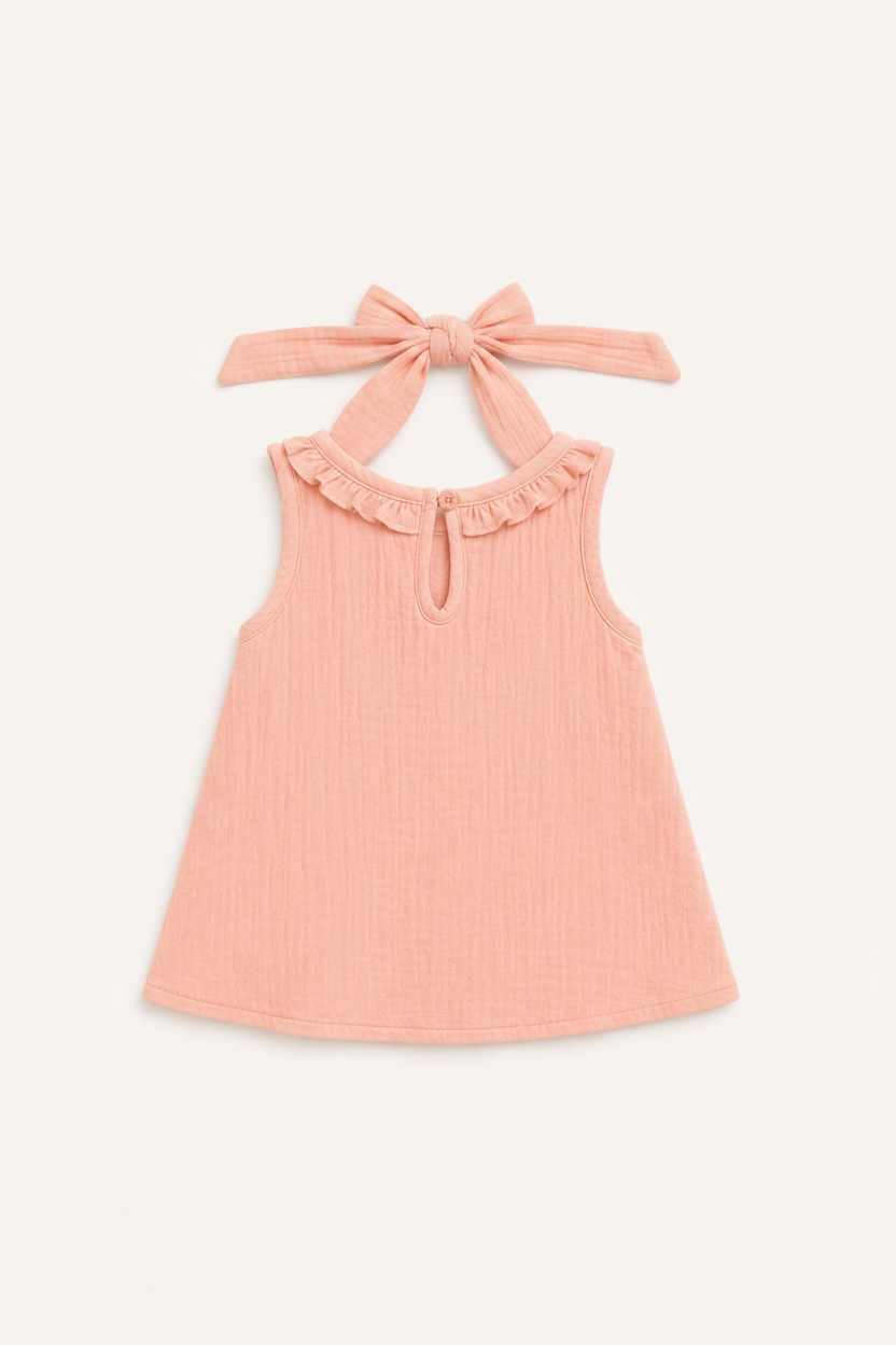 Kız Çocuk Müslin Elbise | Fırfırlı Yaka & Etek | Diz Üstü | 3–9 Yaş | Çizgili, Pembe, Mavi | RG Brand | RG1762 - MAVİ