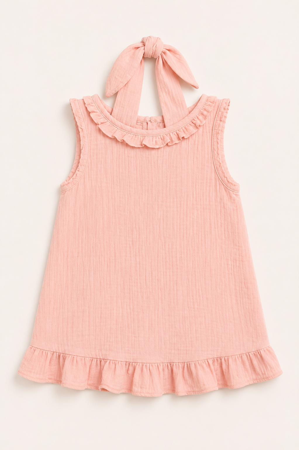 Kız Çocuk Müslin Elbise | Fırfırlı Yaka & Etek | Diz Üstü | 3–9 Yaş | Çizgili, Pembe, Mavi | RG Brand | RG1762 - PEMBE