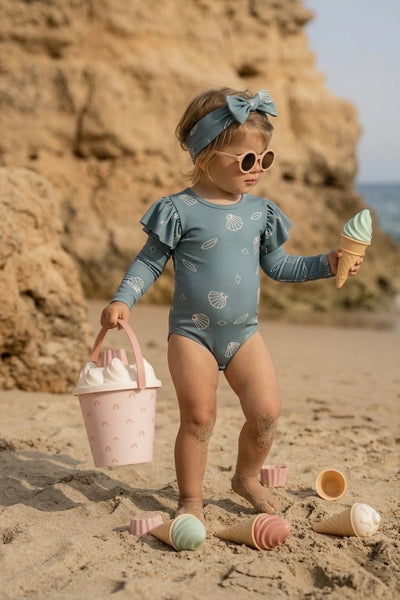 UV Korumalı Bebek Fırfırlı Uzun Kollu Mayo Ve Saç Tokası | 6 Ay–4 Yaş | RG Brand | RG337 - PEMBE LİMON